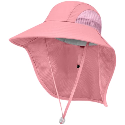 Kids Sun Hat UPF50+ Summer Beach Play Sun Protection Hats with Neck Flap for Ages 5~14 Girls Boys - color: Pink