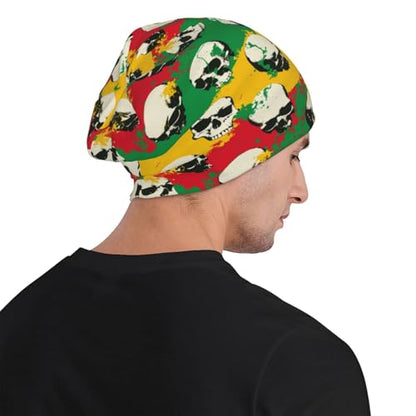 Beanie Hat for Men Women Slouchy Beanie Skull Sleep Cap Soft Lightweight Chemo Hat Stretch Cancer Headwear - color: Jamaica Flag Skull