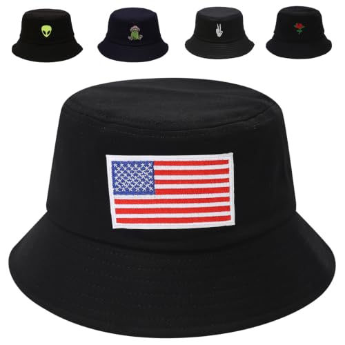 Cotton Bucket Hat for Women Men Summer Travel Sun Beach Bucket Cap, Unisex Outdoor Fisherman Hat - color: Flag Black