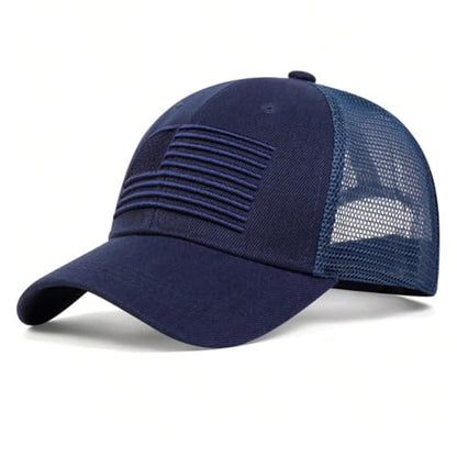 Mens American Flag Trucker Hat Breathable Mesh Baseball Cap Adjustable Low Profile Snapback Hat - color: Navy Blue