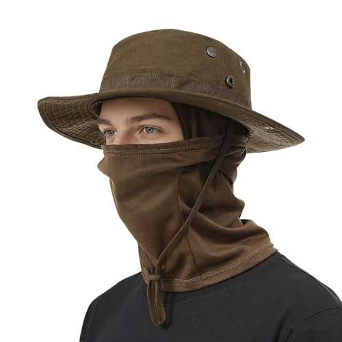 Boonie Hat with Balaclava Face Mask - UV Protection Wide Brim Sun Hat, Adjustable & Foldable for Hunting Fishing Outdoor - color: Brown