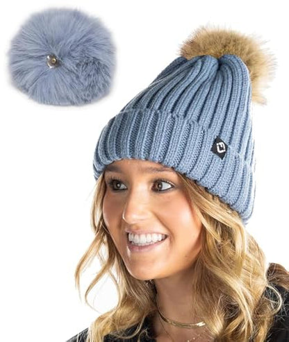Funky Junque Women’s Winter Detachable Pom Beanie – Warm Knit Hat with Removable Faux Fur Pom, Soft Stretch Acrylic Cozy Cap - color: Denim