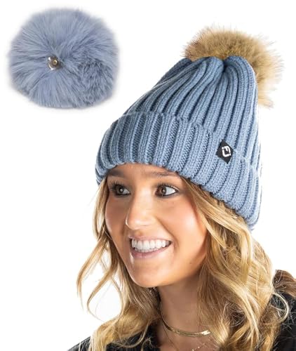 Funky Junque Women’s Winter Detachable Pom Beanie – Warm Knit Hat with Removable Faux Fur Pom, Soft Stretch Acrylic Cozy Cap - color: Denim
