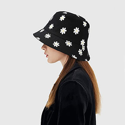 XYIYI Cute Bucket Hat Beach Fisherman Hats for Women, Reversible Double-Side-Wear - color: Flower Black
