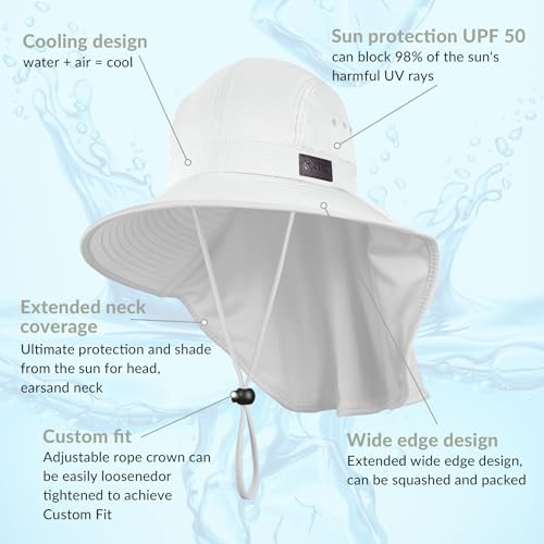 Sukeen Cooling Sun Hat for Men Women UPF50+ Wide Brim Fishing Hat with Neck Flap Adjustable Foldable Bucket Hat for Hiking - color: White