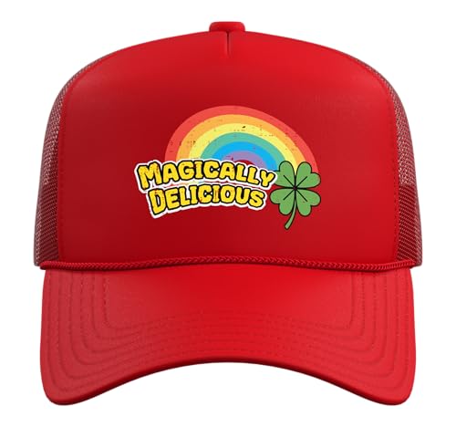 St Patricks Day Magically Delicious Saint Paddys Men Women Trucker Hat with Adjustable Mesh Back - color: Red