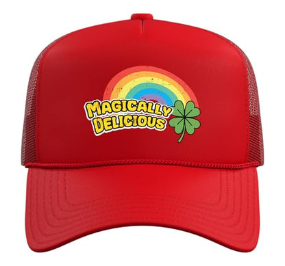 St Patricks Day Magically Delicious Saint Paddys Men Women Trucker Hat with Adjustable Mesh Back - color: Red