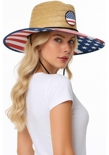 grinderPUNCH Straw Sun Hat for Men Women Wide Brim Beach Fishing UPF 50 - color: Usa Flag