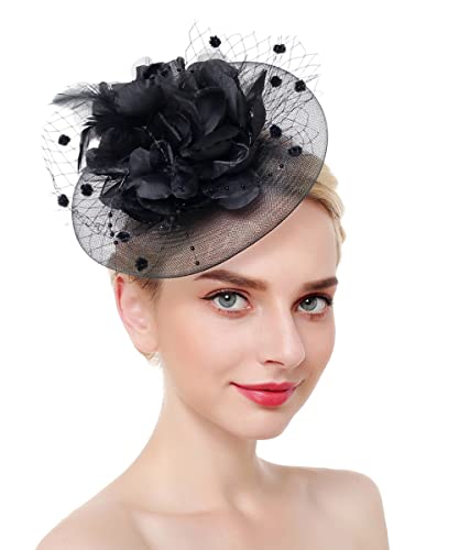 JWICOS Fascinators Hat for Women 50s Flower Hat with Veil Cocktail Wedding Tea Party Church Derby Hat - color: Black