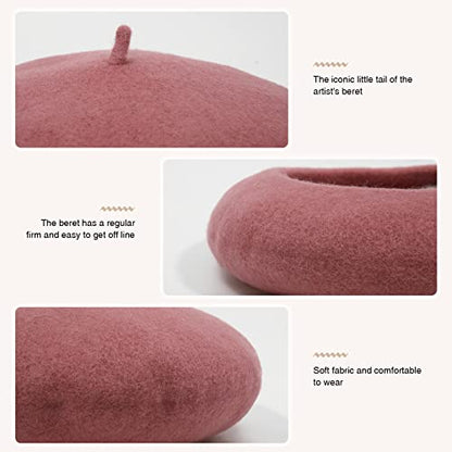 Women French Wool Beret Hats - Solid Color Classic Beanie Winter Cap - color: Thicker-pink