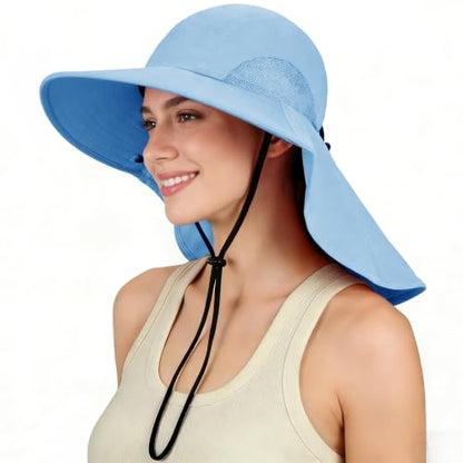 Tirrinia Wide Brim Sun Hat with Neck Flap for Men & Women - color: #Blue