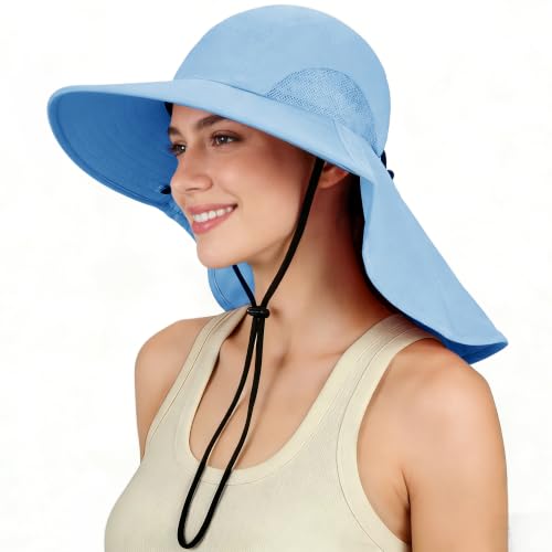 Tirrinia Wide Brim Sun Hat with Neck Flap for Men & Women - color: #Blue