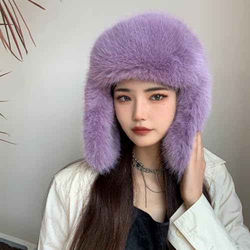 Luxurious Faux Mink Fur Ladies Trapper Hat，Pure Color Simplistic Women’s Winter Hat，Furry Ushanka Warm Hat - color: Purple