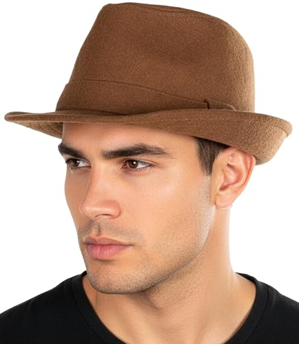 Funky Junque Fedora Hats for Men – Classic Wool Blend Trilby Dress Hat, Short Brim Men’s Fedoras for Formal & Casual Wear - color: Light Brown, size: 6 3/4-7 1/8