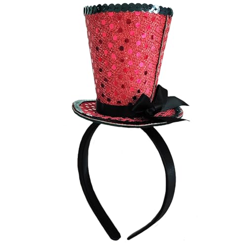 WLBON Halloween Mini Top Hat Headband 1920s Bow Sequins Hair Hoops Bands Fascinator Headpiece Hairband Women Christmas Holiday Festival Parade Cosplay Dress Up Birthday Tea Party Accessories Red - color: Red Tone