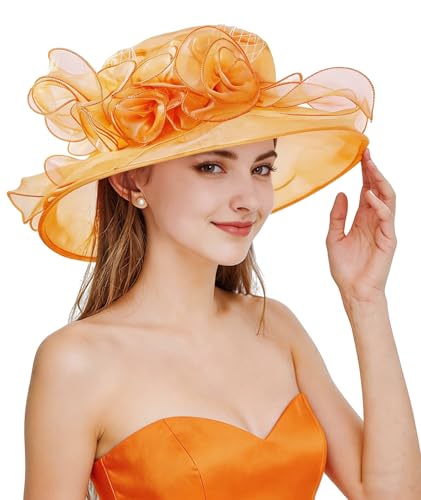 Women Derby Fascinator Hat Organza Church Wedding Hats Wide Brim Cocktail Tea Party Hat - color: 12 Orange