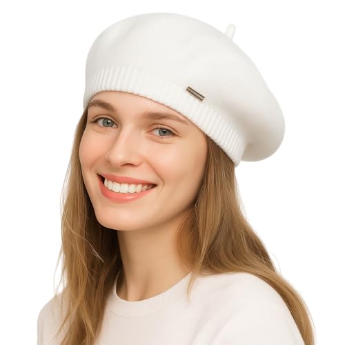 Yanmucy Beret Hat Women Girl, Fluffy Knitted French Beret Warm Classic Beanie Hats Cap for Ladies Men Winter Autumn - color: White