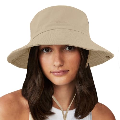 Unisex Cotton Boonie Hat Summer Fishing Bucket Hat Sun Hat with String - color: Solid Khaki