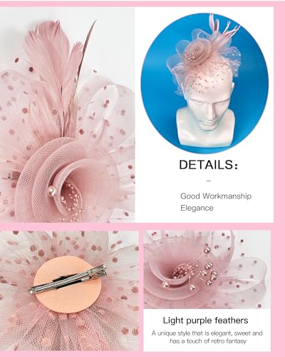 Fascinator Tea Party Hat Set for Women Elegant Vintage Accessories for High Tea Wedding Bridal Shower - color: Blush Pink