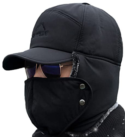 Winter 3 in 1 Thermal Fur Lined Trapper Hat with Ear Flap Full Face Warmer Cover Windproof Cycling Motorcycle Headwear - color: 3-in-1 Black