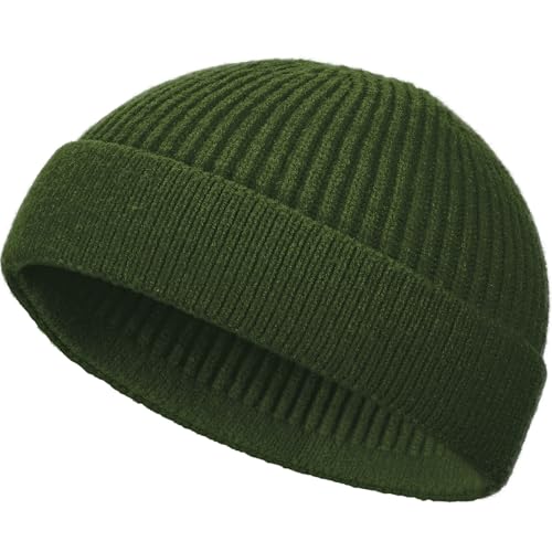 Wool Fisherman Beanie for Men Wome, Thin Knit Winter Hats Skull Cap - color: Army Green