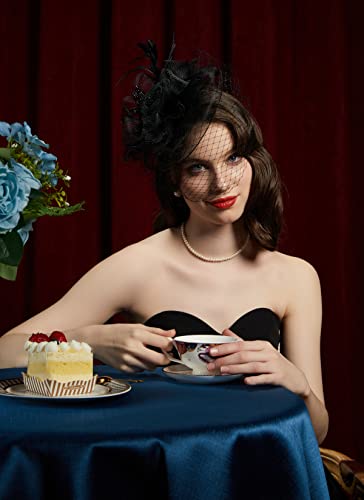 Kentucky Derby Fascinators for Women High Tea Party Hat Wedding Cocktail Flower Headware with Mesh and Feathers - color: A-black