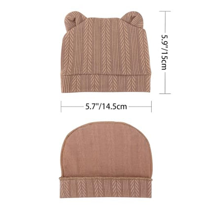 Newborn Baby Hat and Mittens Set Bear Ears Toddler Infant Beanie Caps Newborn Hospital Hat for Baby Boy Girl 0-3 Months - color: Wheat Patterned Bear Ear a