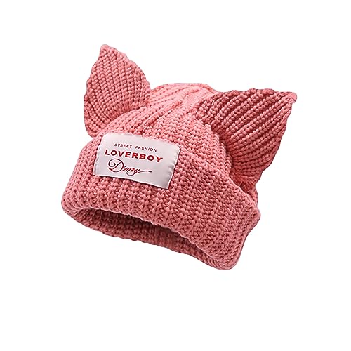 Cat Ear Beanie Y2K Cute Knit Hat with Ears Warm Crochet Hat Skull Cap for Women Men - color: Pink