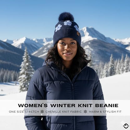 Funky Junque Beanie for Women Ultra Soft Chenille Faux Fur Pom Pom Winter Hats Warm Ski Cap Fashion - color: Daisy - Navy