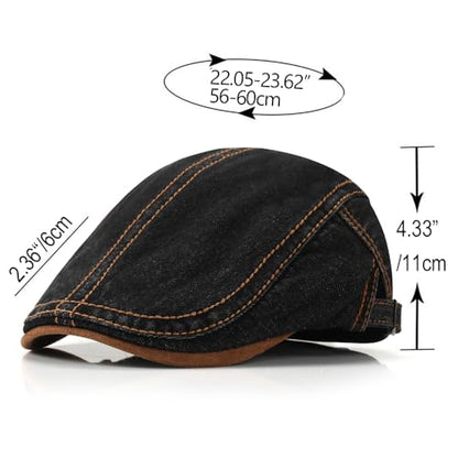 Mens Herringbone Tweed Newsboy Cap Flat Ivy Gatsby Hat Adjustable Cabbie Cap for Women - color: Denim Black