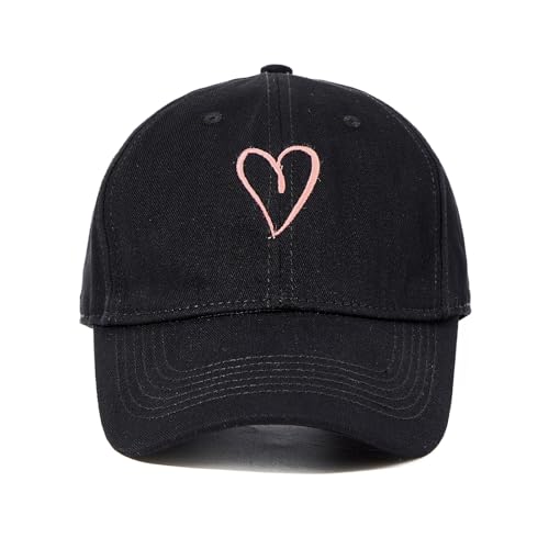American Trends Women's Cotton Baseball Cap Soft Unstructured Plain Dad Hat - color: Black With Pink Heart