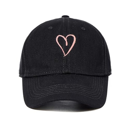 American Trends Women's Cotton Baseball Cap Soft Unstructured Plain Dad Hat - color: Black With Pink Heart