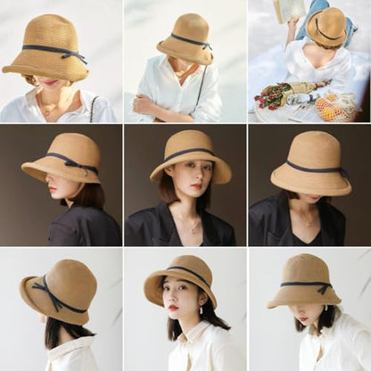 Women's Straw Bucket Sun Hat, Packable Floppy Wide Brim Beach Hat - color: Khaki B