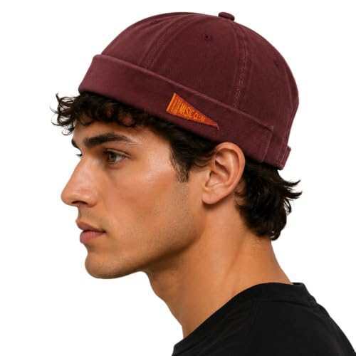 Retro Brimless Docker Cap Rolled Cuff Cotton Beanie Hat - color: Red
