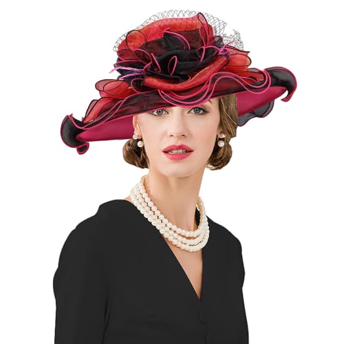 Kentucky Organza Derby Top Hats for Women Sun Visor Cap Ladies Flowers Bride Weeding Fascinators Wide Brim Fedoras - color: Orange-red