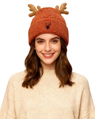 RARITYUS Women Warm Hat Cute Reindeer Antlers Knitted Winter Hats Crochet Earflap Knit Cap Beanie for Adults Kids - color: Caramel