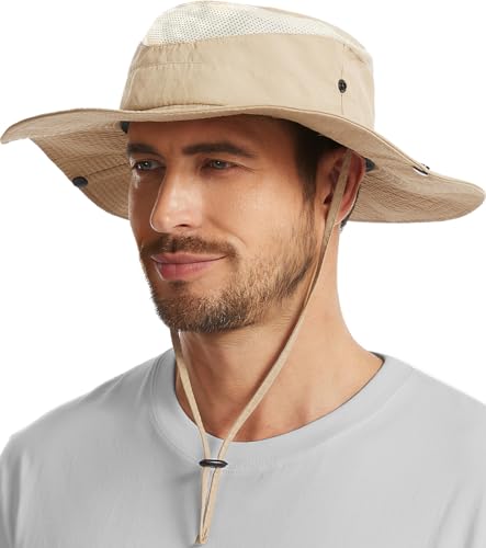Wide Brim Sun Hat for Men Women, UPF 50+ Waterproof Packable Bucket Boonie Safari Fishing Hat - color: Khaki
