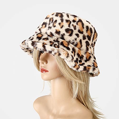 Winter Faux Fur Furry Bucket Hat Fluffy Fuzzy Warm Hat Plush Fisherman Hat for Women Men Teens Girls - color: Leopard Print Beige