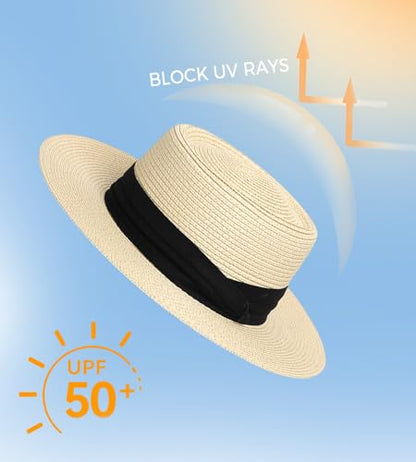 Straw Sun Hats for Women Summer Beach Wide Brim Boater Hat Fashion Travel Vacation Fedora Panama UPF 50+ - color: Khaki Black