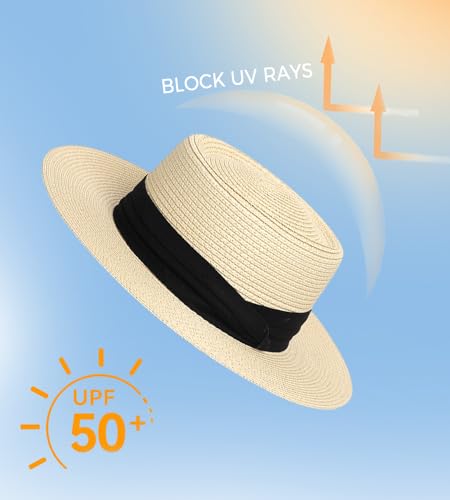 Straw Sun Hats for Women Summer Beach Wide Brim Boater Hat Fashion Travel Vacation Fedora Panama UPF 50+ - color: Beige