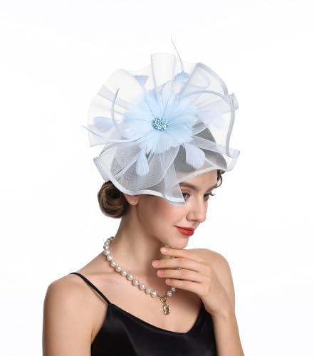 SAFERIN Fascinator for Women Hair Clip Hat Bowler Feather Flower Veil Wedding Party Hat Tea Hat - color: Ta1-light Blue