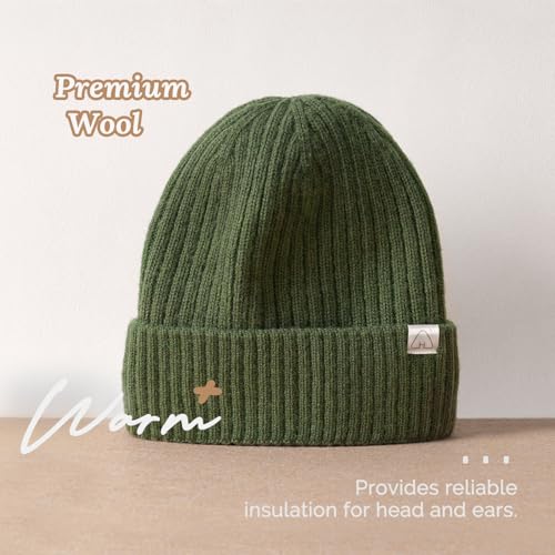 Hat Hut Wool Beanie Satin Lined Winter Hats Slouchy Beanie with Silk Lining Warm Wool Knit Ski Hat Cuffed Cap Women Men - color: Army Green