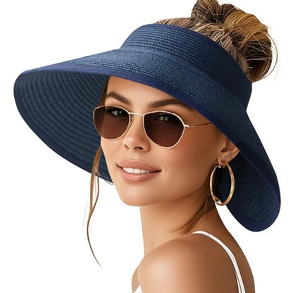 NPQQUAN Sun Visor Hats for Women Wide Brim Ponytail Straw Beach Hat - color: (Blue))