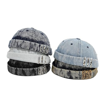 Unisex Washed Denim Distressed Rolled Cuff Brimless Docker Cap - color: 5 Pack