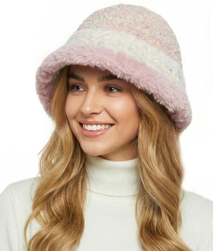 Fluffy Knit Bucket Hat Fisherman Cap Colorful Warm Cloche Caps for Big Head - color: Colorful Knit- Pink