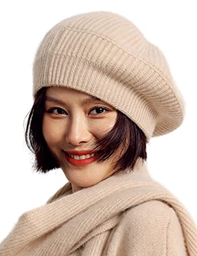 Cashmere Berets Hats Women Winter Warm Merino Wool Knitted Oversized Beige Beanie - color: Beige