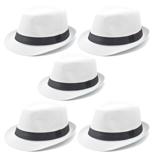 5 Pack Bulk Cuban Fedora Sun Hats Men with Adjustable Strap, Short Brim 1920s Unisex Party Costume Hats Women. - color: White (Size:l-xl)