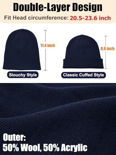 Womens Satin Lined Beanie Wool Silk Lining Slouchy Warm Skull Cap - color: 1pcs- Navy Blue