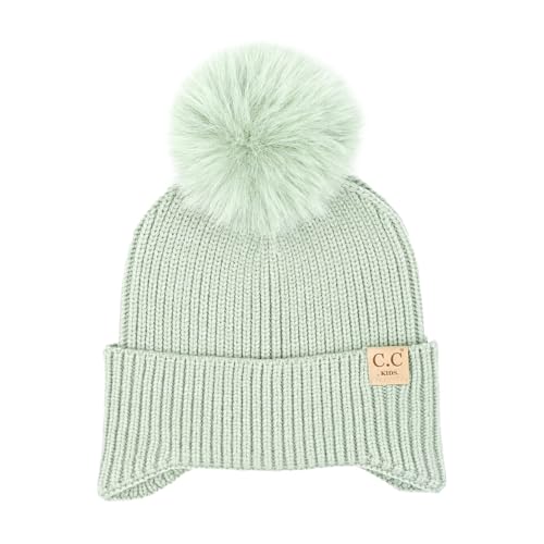 C.C Kids Ear Flap Fur Pom Beanie for Boys Girls - Comfortable Soft Warm Children Youth Knit Skully Hat with Faux Fur Pom - color: Single Pom - Sage