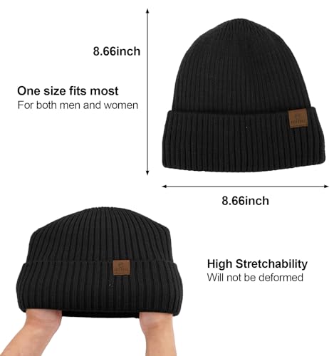 ZTL Merino Wool Beanie Hat for Men Women, Thick Warm Fleece Lined Knit Winter Hats Cuffed Beanie Stocking Hat Ski Skull Cap - color: Black